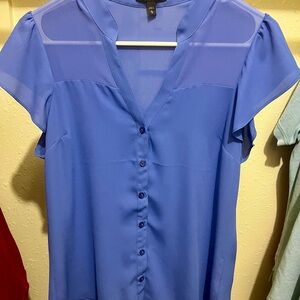 Express Blue Cap Sleeve Notched Collar Blouse